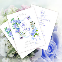 Convite Blue Rose Ribbon Monogram Wedding Invitation