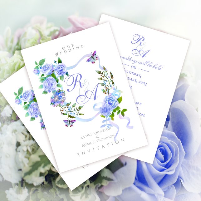 Convite Blue Rose Ribbon Monogram Wedding Invitation (Trendy Blue Rose Bow Ribbon
Wedding Invitation Card.)