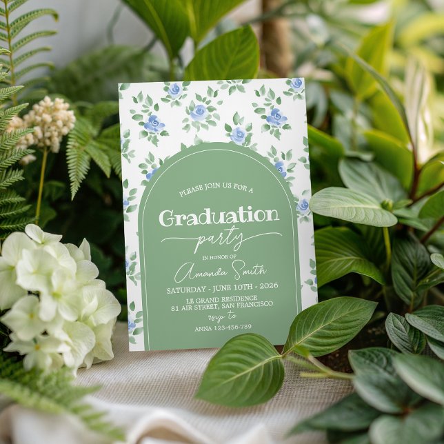 Convite Blue Rose Sage Green Arch Graduation Invite (Criador carregado)