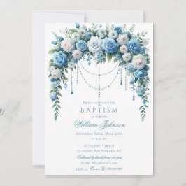 Convite Blue Rose & Silver Cross Baptism Invitation