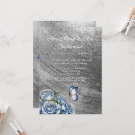 Convite Blue Roses Butterfly Silver Bridesmaids Luncheon