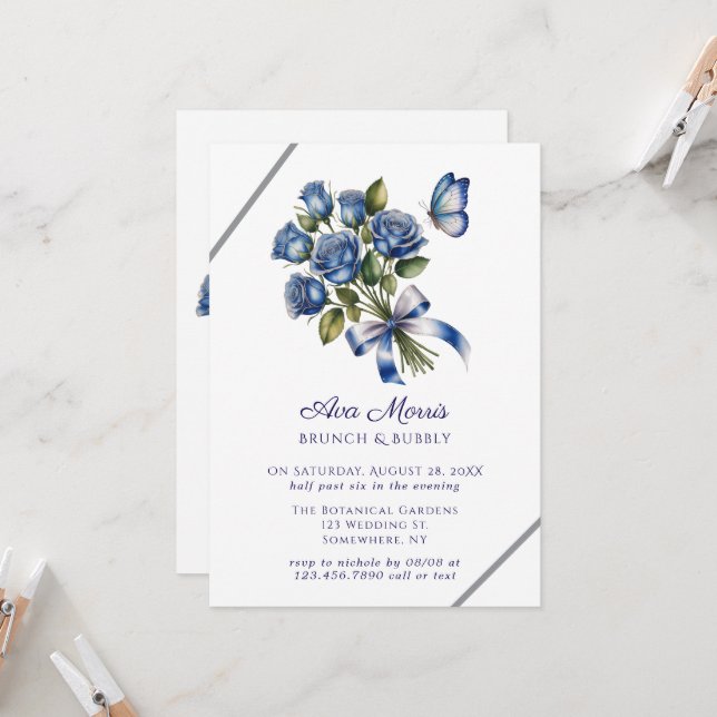 Convite Blue Roses Butterfly Silver Brunch & Bubbly (Frente/Verso In Situ)