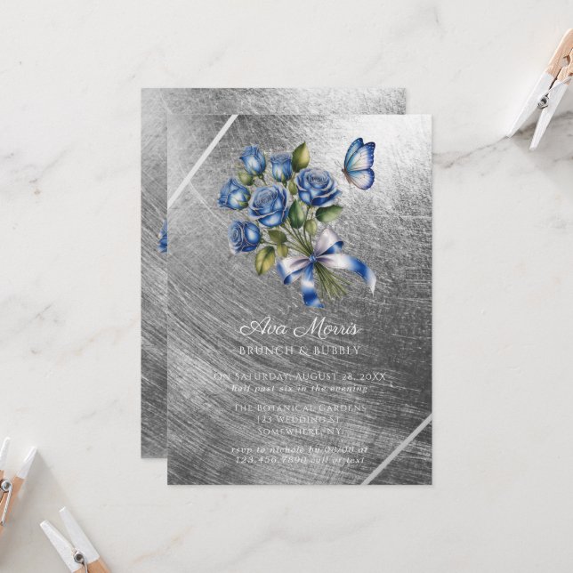Convite Blue Roses Butterfly Silver Brunch & Bubbly (Frente/Verso In Situ)