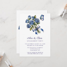 Convite Blue Roses Butterfly Silver Engagement Party
