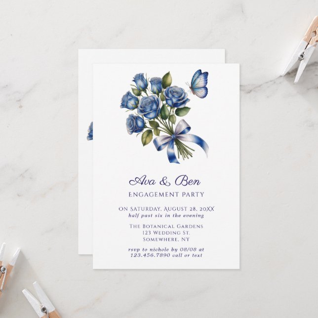 Convite Blue Roses Butterfly Silver Engagement Party (Frente/Verso In Situ)
