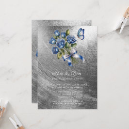 Convite Blue Roses Butterfly Silver Engagement Party