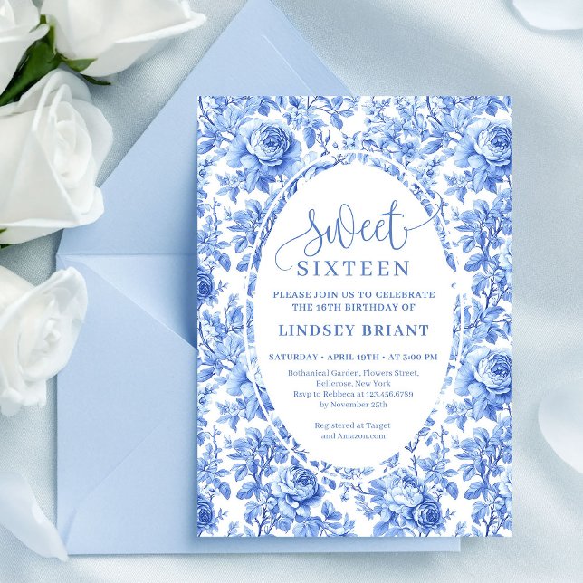 Convite Blue Roses Chic Digital Sweet 16 Invitation (Blue Roses Chic Digital Sweet 16 Invitation)