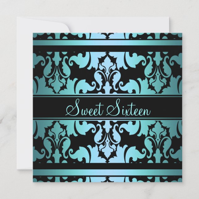 Convite Blue Royal Damask Sweet16 Birthday Invite (Frente)