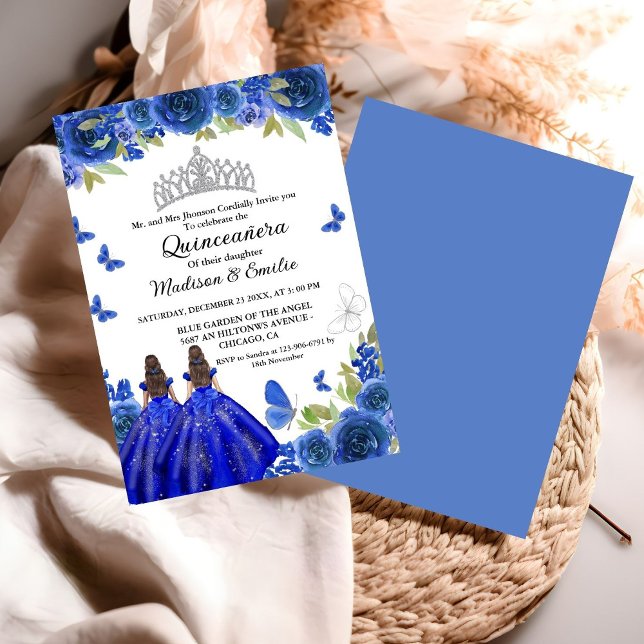 Convite Blue Royal Floral Butterfly Twin Quinceanera (Criador carregado)