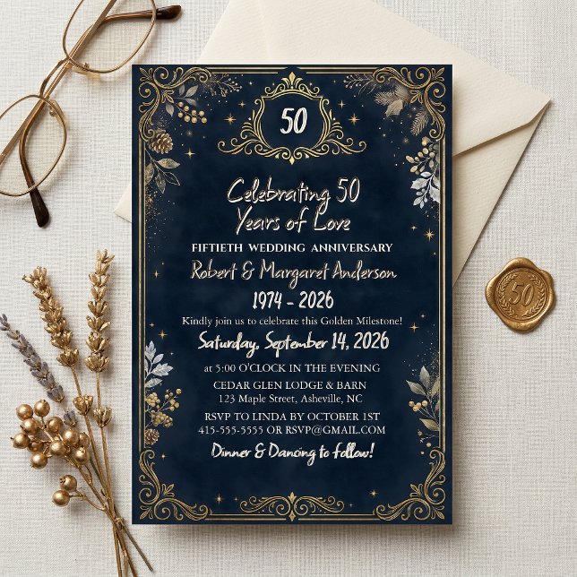 Convite Blue Ruby Script Simple 50th Wedding Anniversary (Criador carregado)