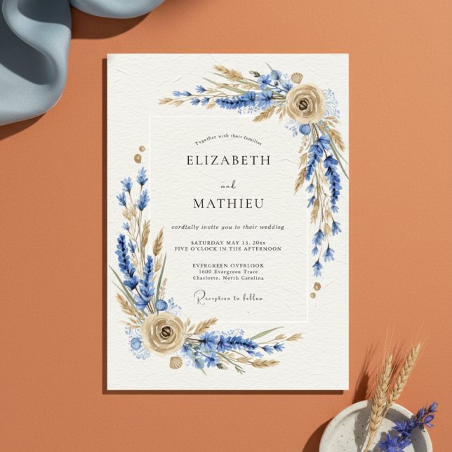 Convite Blue Rustic Botanical Wedding (Criador carregado)