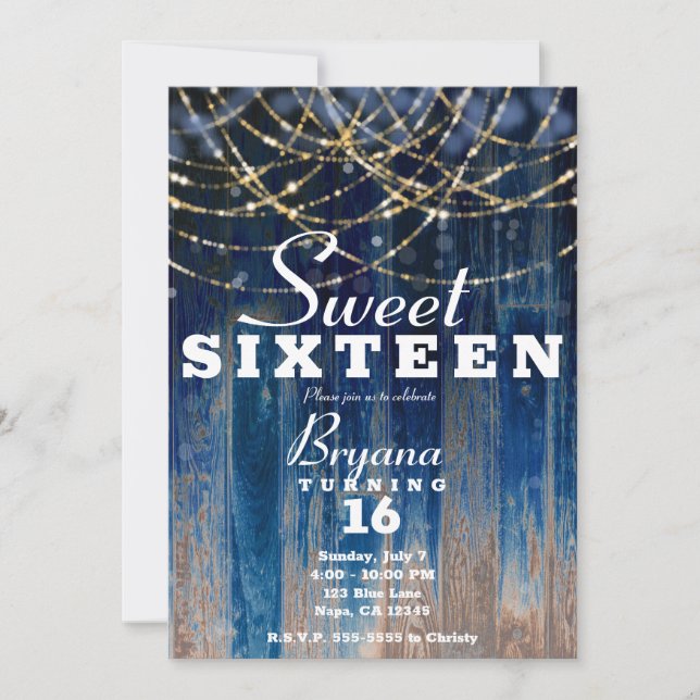 Convite Blue Rustic Coastal Barn Wood Bokeh Sweet 16 (Frente)