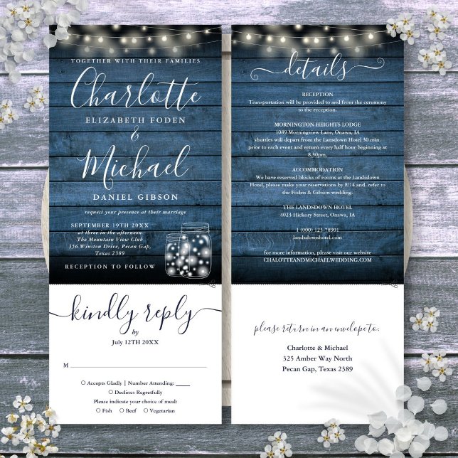Convite Blue Rustic Mason Jars Luz Tudo Em Um Casamento (Blue Rustic Mason Jars Lights All In One Wedding Invitation)