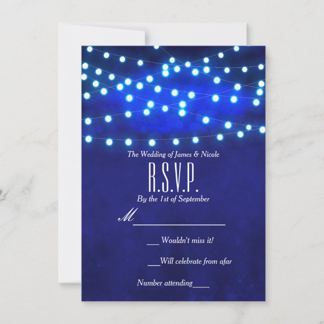 Convite Blue Rustic Night String Lights Weding RSVP Card (Frente)