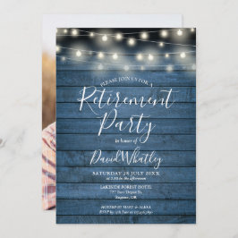 Convite Blue Rustic String Lights Festa de Retirada de Fot