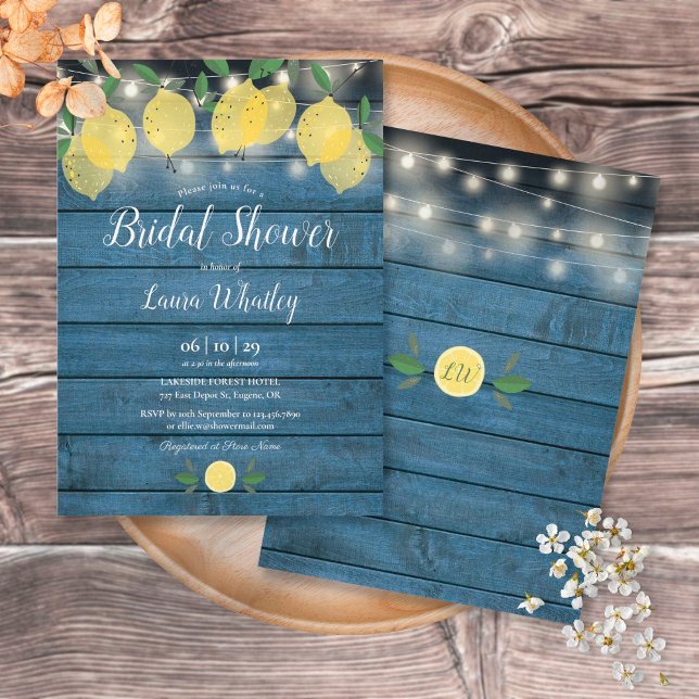 Convite Blue Rustic String Lights Lemons Bridal Shower (Criador carregado)