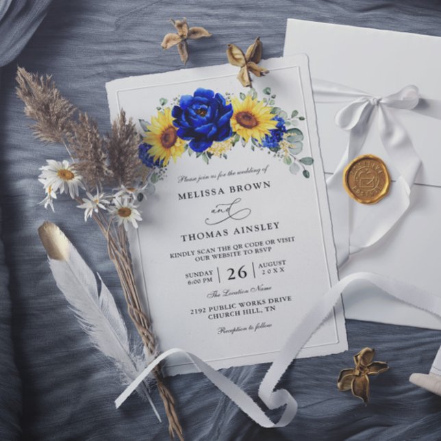 Convite Blue Rustic Sunflower Budget QR Code Wedding (Criador carregado)