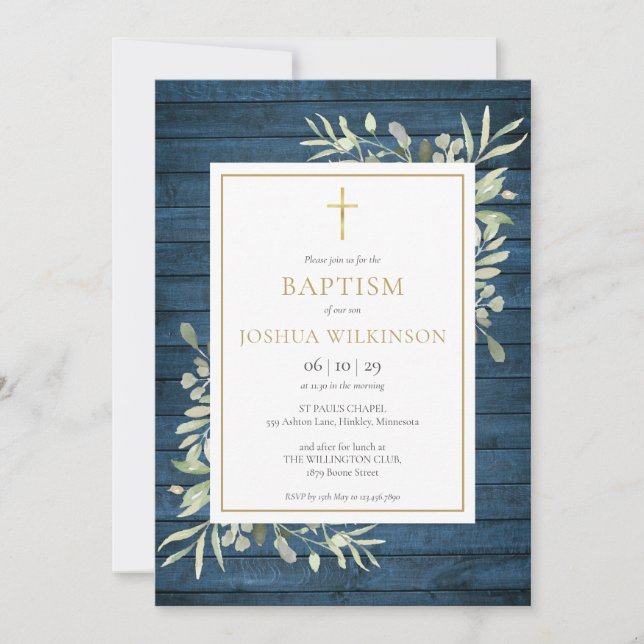 Convite Blue Rustic Wood Greenere Baptism Christening (Frente)