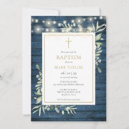 Convite Blue Rustic Wood Greenere Baptism Christening