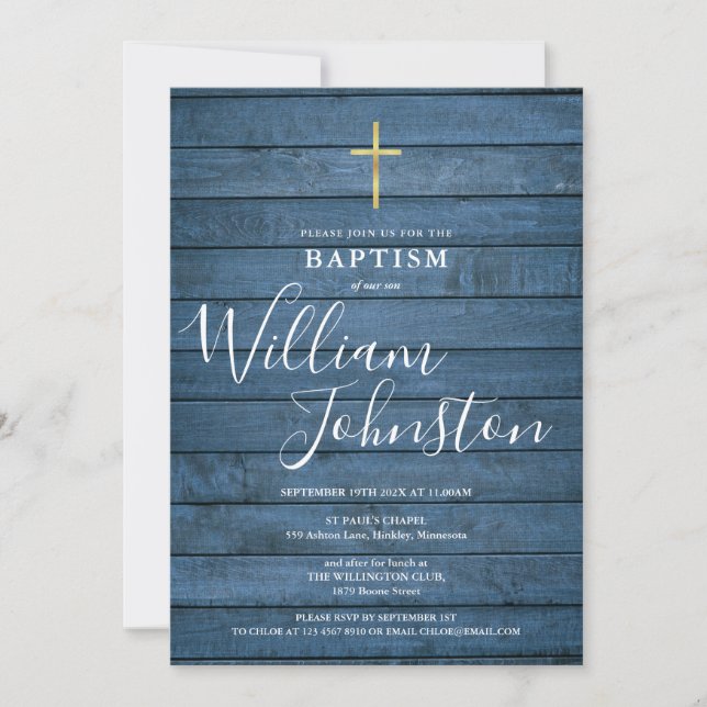 Convite Blue Rustic Wood Script Baptism Christening (Frente)