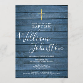 Convite Blue Rustic Wood Script Baptism Christening