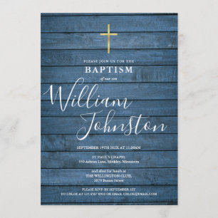 Convite Blue Rustic Wood Script Baptism Christening