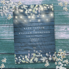 Convite Blue Rustic Wood String Luz verde Casamento