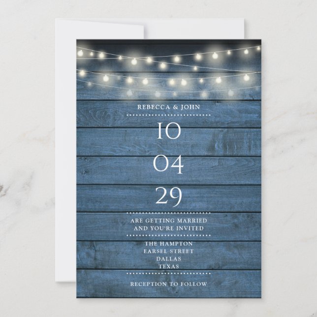 Convite Blue Rustic Wood String Luzes Data de Casamento (Frente)