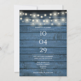 Convite Blue Rustic Wood String Luzes Data de Casamento