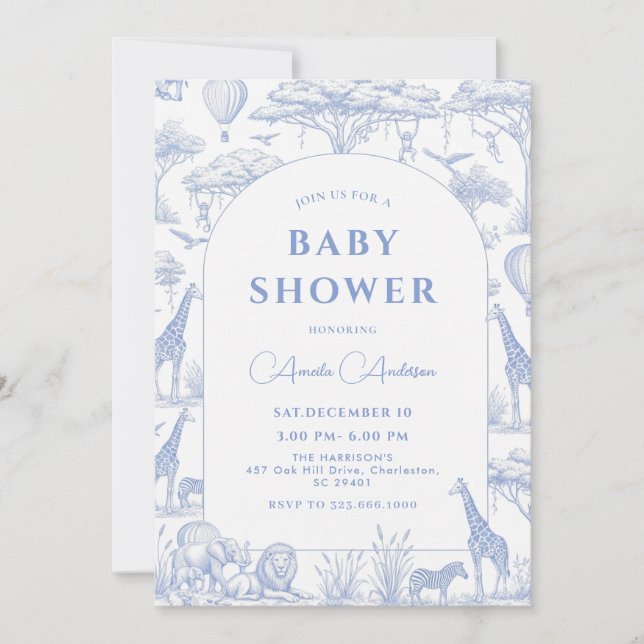 Convite blue Safari Toile De Jouy Boy Baby Shower  (Frente)