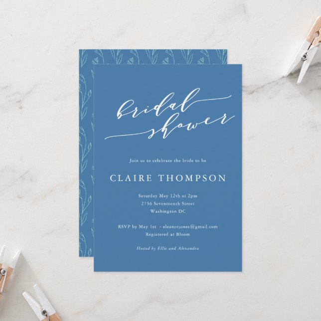 Convite Blue Script Floral Bold Romantic Bridal Shower (Frente/Verso In Situ)