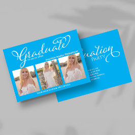 Convite Blue Script Photo Collage Graduation Announcement