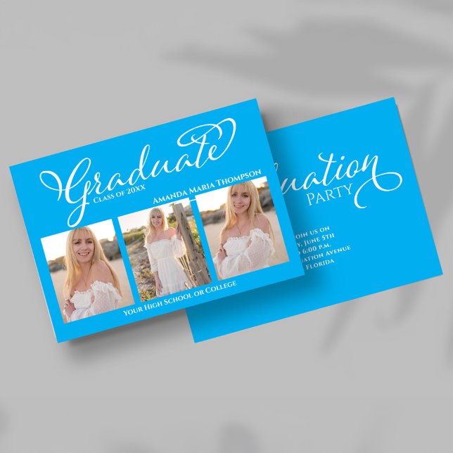 Convite Blue Script Photo Collage Graduation Announcement (Front view of blue script photo collage graduation announcement with three senior portraits.)