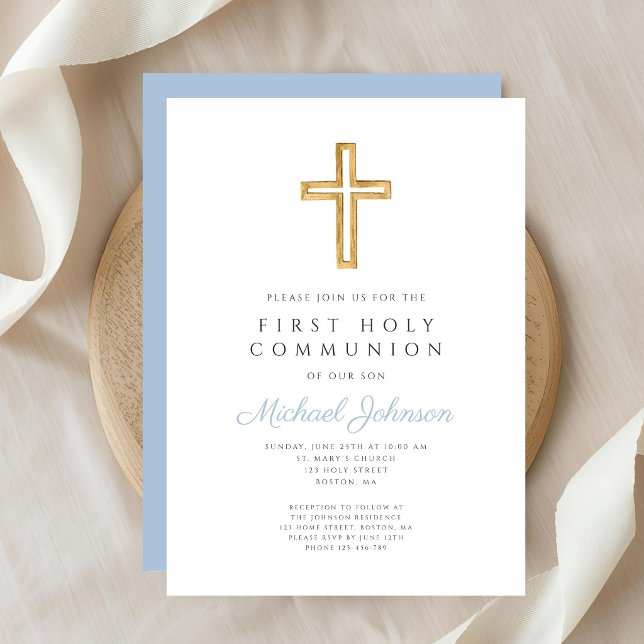 Convite Blue Script Religious Cross Boy First Communion (Blue Script Religious Cross Boy First Communion Invitation)
