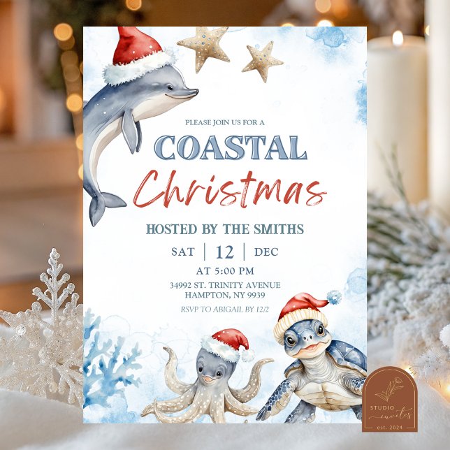 Convite Blue Sea Animal Coastal Christmas (Criador carregado)