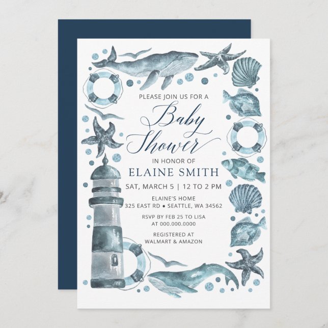 Convite Blue Seashells Ocean Sea Beach Baby Shower (Frente/Verso)