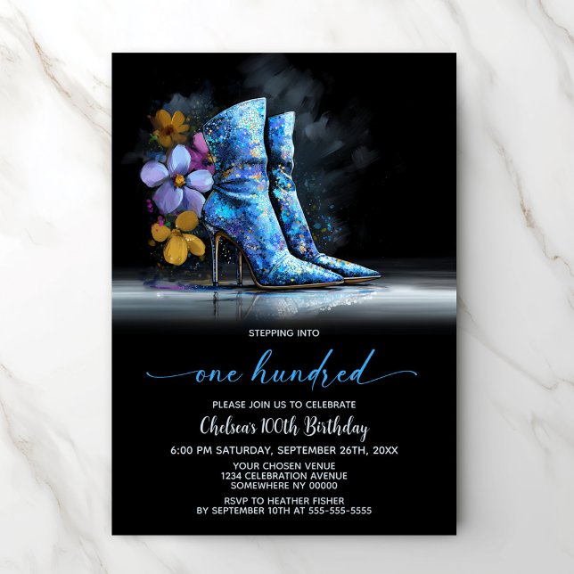 Convite Blue Sequin Boots 100th Birthday Party (Criador carregado)