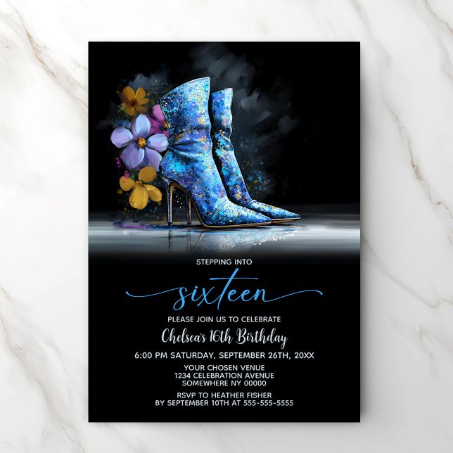 Convite Blue Sequin Boots 16th Birthday Party (Criador carregado)