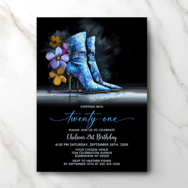 Convite Blue Sequin Boots 21st Birthday Party (Criador carregado)
