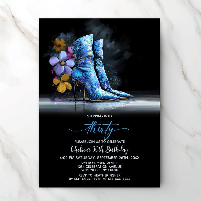 Convite Blue Sequin Boots 30th Birthday Party (Criador carregado)