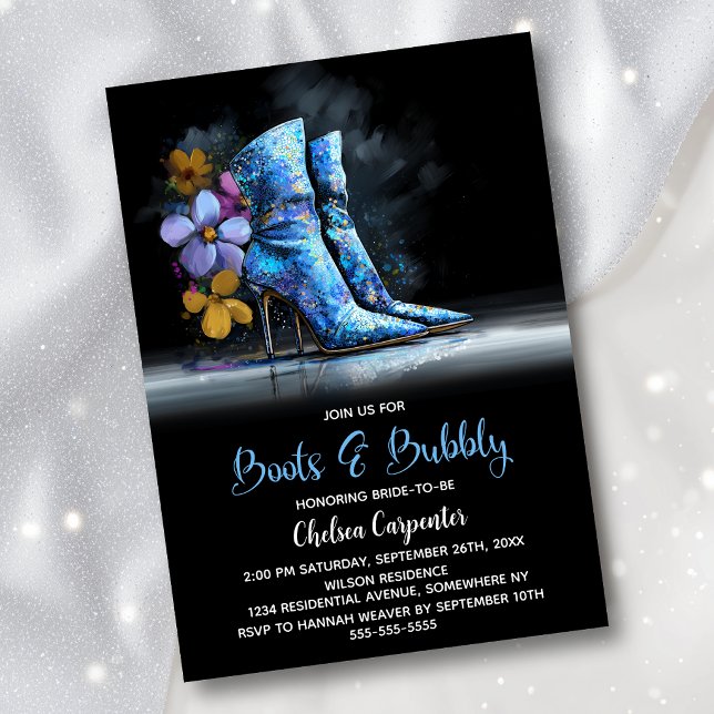 Convite Blue Sequin Boots and Bubbly Bridal Shower (Criador carregado)
