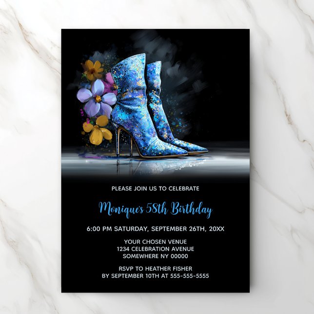 Convite Blue Sequin Boots Any Age Birthday Party (Criador carregado)