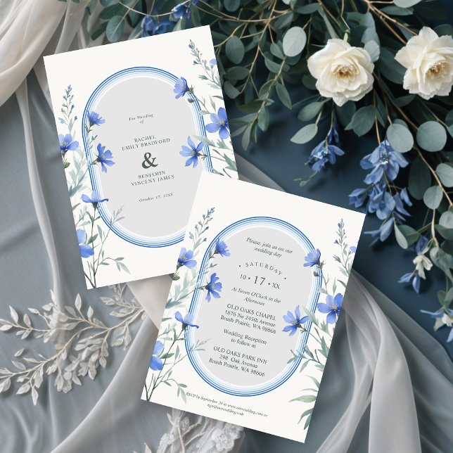 Convite Blue Shades Cherish Botanical Wildflowers Branches (Delicate Blue Shades Cherish Botanical Wildflowers Branches Wedding Invitations. )