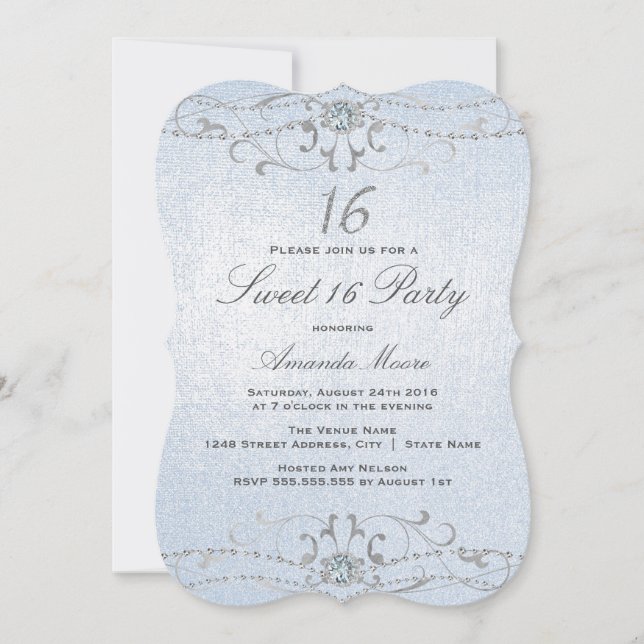 Convite Blue Shimmer Diamond Damask Sweet 16 (Frente)