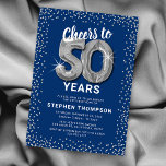 Convite Blue Silver 50º aniversário<br><div class="desc">Elegante 50º convite de aniversário com um fundo azul na moda que pode ser mudado para qualquer cor, brilho cintilante prateado, balões de hellium de cinquenta prata e um modelo de texto moderno de celebração de 50º aniversário que é fácil de personalizar.</div>