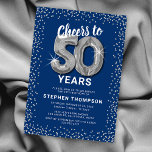 Convite Blue Silver 50º aniversário<br><div class="desc">Elegante 50º convite de aniversário com um fundo azul na moda que pode ser mudado para qualquer cor,  brilho cintilante prateado,  balões de hellium de cinquenta prata e um modelo de texto moderno de celebração de 50º aniversário que é fácil de personalizar.</div>