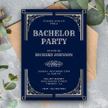 Convite Blue Silver Art Deco Bachelor Party<br><div class="desc">Convide seus hóspedes com este Excelente de vintage Gatsby para um convite de despedida de solteiro com borda decorativa de prata com tipografia elegante contra fundo azul. Basta adicionar os detalhes do seu evento neste modelo fácil de usar para torná-lo um convite de tipo único. Sacudir a carta para revelar...</div>