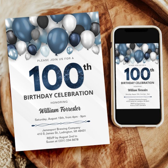 Convite Blue Silver Black & White 100th Birthday (Blue Silver Black & White 100th Birthday Invitation)