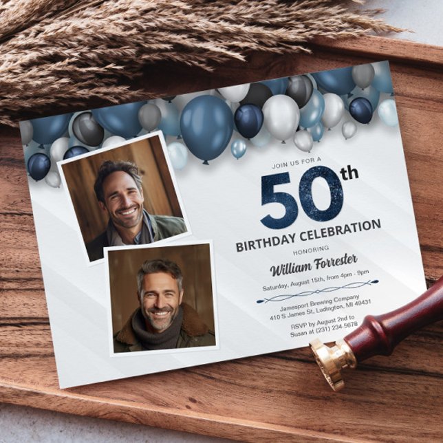 Convite Blue Silver Black & White 50th Birthday 2 Foto (Blue Silver Black & White 50th Birthday 2 Photo Invitation)