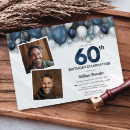 Convite Blue Silver Black & White 60th Birthday 2 Foto